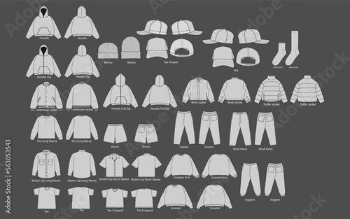 Vector apparel Mockup set collection. Men's t-shirt trucker hoodie joggers jacket short sweater pant design template. Sock shorts hat tee work jacket pant vector illustration set. CAD mockup Set. 