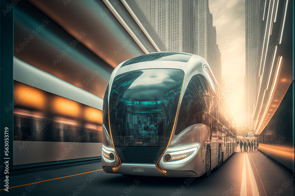 Transports of the future, passenger bus in the city, CREATED WITH GENERATIVE AI TECHNOLOGY