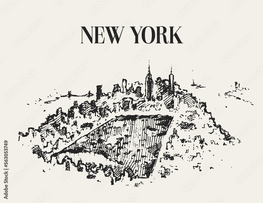 Sketch of a central park, New York, hand drawn vector illustration, sketch