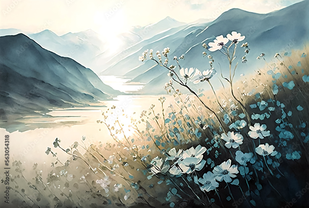 Φωτογραφία Watercolor painting of spring flowers on a background of mountains