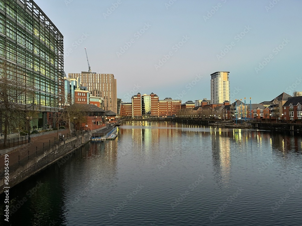 Modern buildings next to the river with incredible architecture and landmarks. Taken in Salford Quays England. 