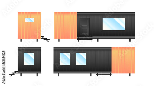 Vector modern modular home isolated on white background. Mobile house construction. Sea container facade building. Tiny house trend. Delivery little house illustration. Cozy small cabin