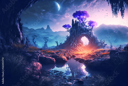 Fantasy landscape with a tree and a moon. Mystic fayri tale scenery, generative ai, fairyland wallpaper photo
