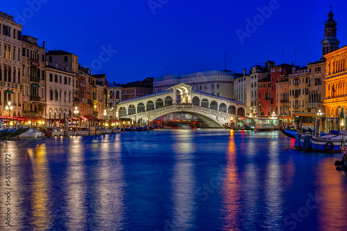 Rialto bridge and Grand Canal in Venice  Italy. Night view of Venice Grand Canal. Architecture and landmarks of Venice. Venice postcard