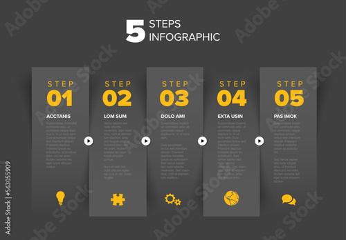 Five vertical dark gray stripe steps progress page template