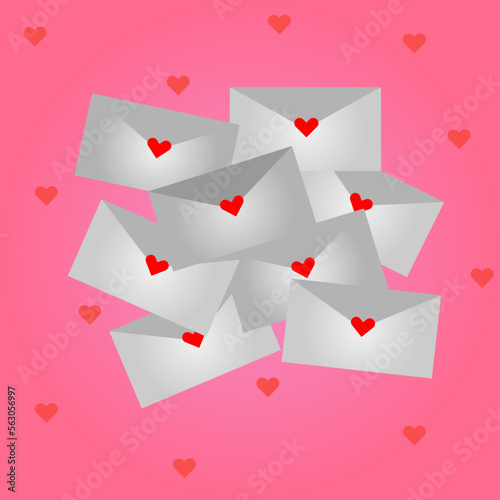 Illustrator vector of a lot of envelopes with heart on pink background. Love letter