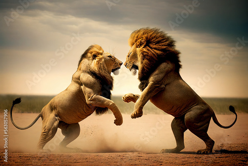Two lions fight on safari in Africa
