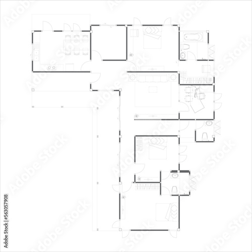 Detailed architectural private house floor plan, blueprint. Vector illustration