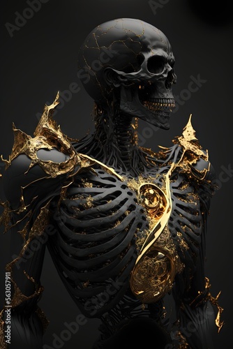 Un squelette, de couleur noire avec des touches d'or, halloween, effrayant. Idéal pour un fond d'écran.