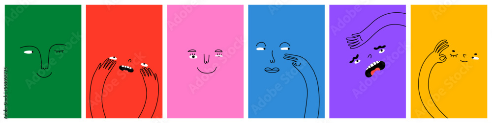 Diverse people face doing funny hand gesture and emotion. Colorful avatar design set, modern flat cartoon character collection in simple doodle art style for psychology concept or social reaction. - obrazy, fototapety, plakaty 