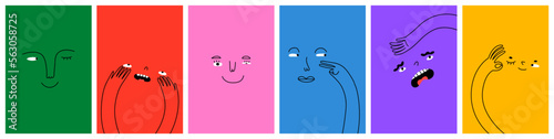 Diverse people face doing funny hand gesture and emotion. Colorful avatar design set, modern flat cartoon character collection in simple doodle art style for psychology concept or social reaction.