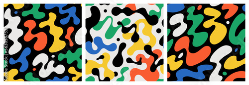 Colorful abstract doodle shape seamless pattern set. Creative minimalist style art background collection, trendy design with basic shapes. Primary color wallpaper print backdrop bundle.