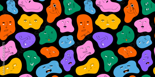 Fototapeta Naklejka Na Ścianę i Meble -  Colorful abstract shape cartoon faces seamless pattern illustration. Funny character art background with diverse emotion and hand gesture. Retro drawing doodle wallpaper print texture.