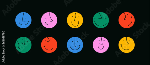 Colorful cartoon character face circle illustration set. Funny people faces doing diverse gesture and mood expression in trendy cartoon style. Social media reaction sticker, children drawing concept.