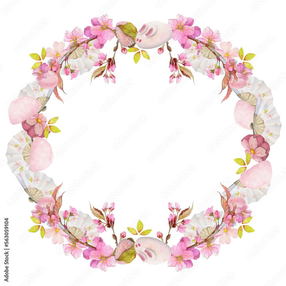 Watercolor hand drawn traditional Japanese sweets. Circle wreath of spring wagashi, sakura blossom Isolated on white background. Design for invitations, restaurant menu, greeting cards, print, textile Watercolor hand drawn traditional Japanese sweets. Circle wreath of spring wagashi, sakura blossom Isolated on white background. Design for invitations, restaurant menu, greeting cards, print, textile