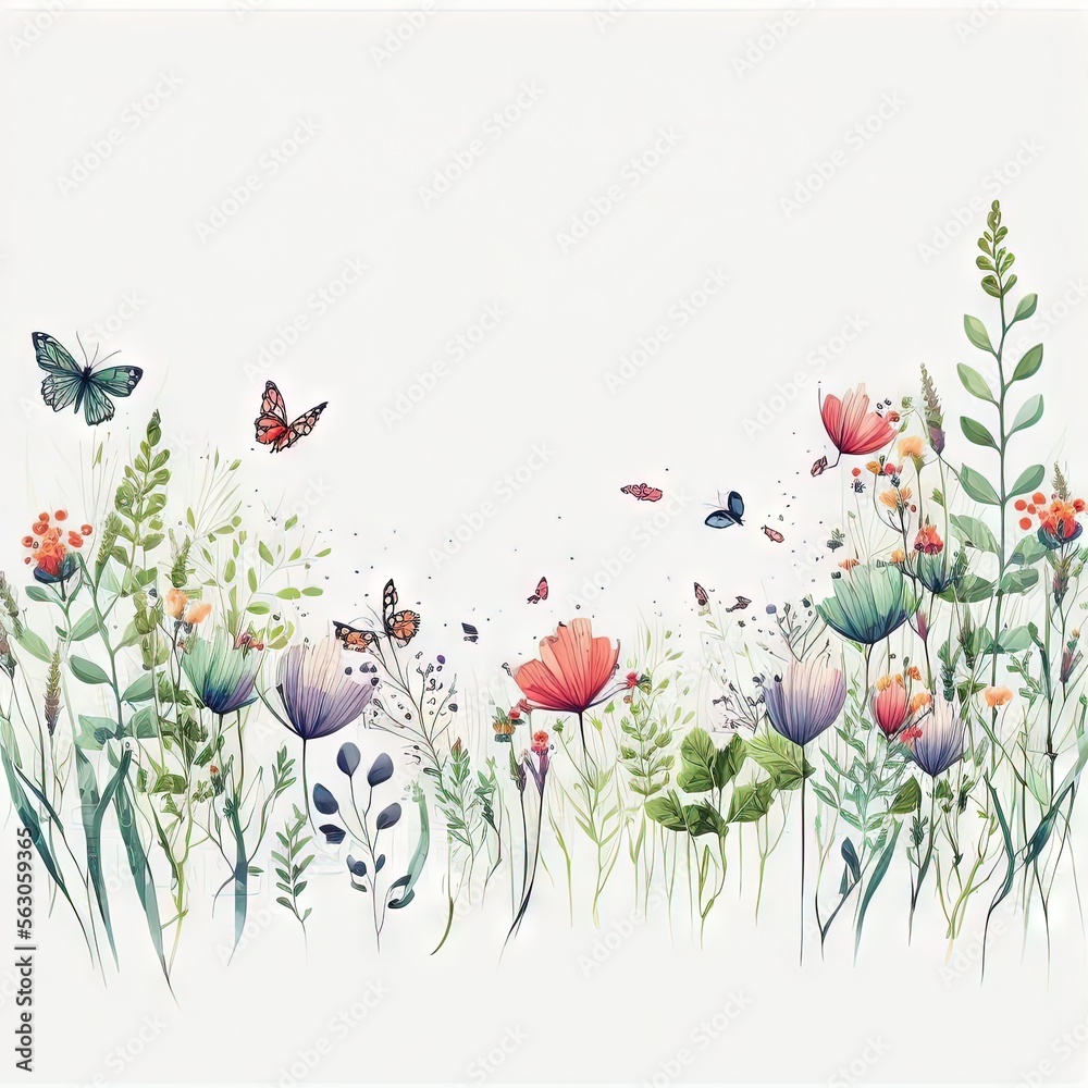 Bordure horizontale sans couture minimaliste avec des fleurs multicolores abstraites, des feuilles et des plantes vertes, des papillons volants. Motif isolé à l'aquarelle sur fond blanc. - obrazy, fototapety, plakaty 