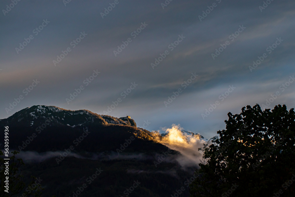 Fototapeta premium Sunrise in mountains, Bohinj valley, Slovenia 