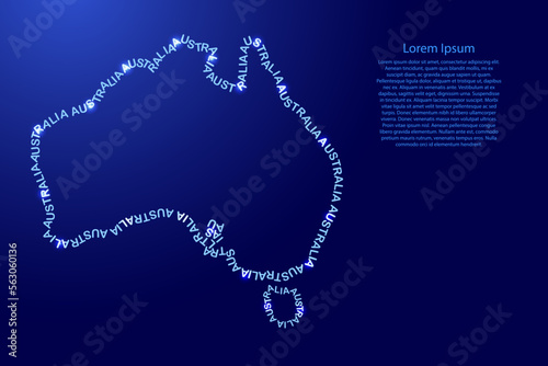Australia map country along contour of recurring english blue words name of state and glowing space stars