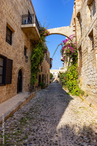 Streets and Residential Homes in the historic Old Town of Rhodes  Greece. Sunny Morning.