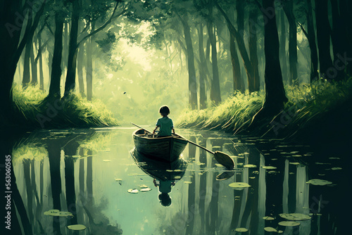 Exploring the Forest by Boat  A Generative AI-Generated Digital Painting of a Boy Rowing Generative AI