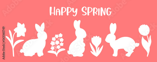 Cute spring bunnies silhouette. Happy spring text. Rabbits in flowers - tulip, daffodil, crocus blossoms. Floral and spring animals cut shapes. For cut file, Easter decoration, greeting card, border.