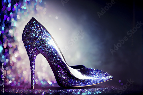 Fashion Shoe Beautiful High Heel Glitter Woman Shoe On An Abstract Background With Silver, Purple and Blue Lights.