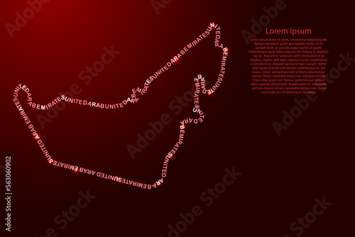 United Arab Emirates, UAE map country along contour of recurring english red words name of state and glowing space stars