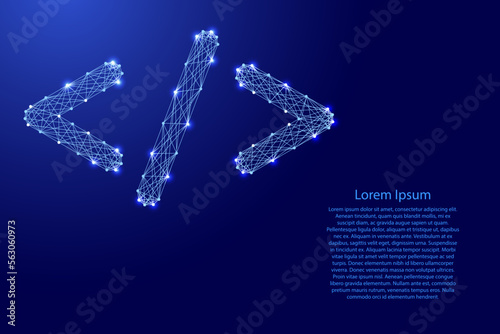 Web coding development concept, angle brackets and slash, from futuristic polygonal blue lines and glowing stars. Low poly concept. Vector illustration.
