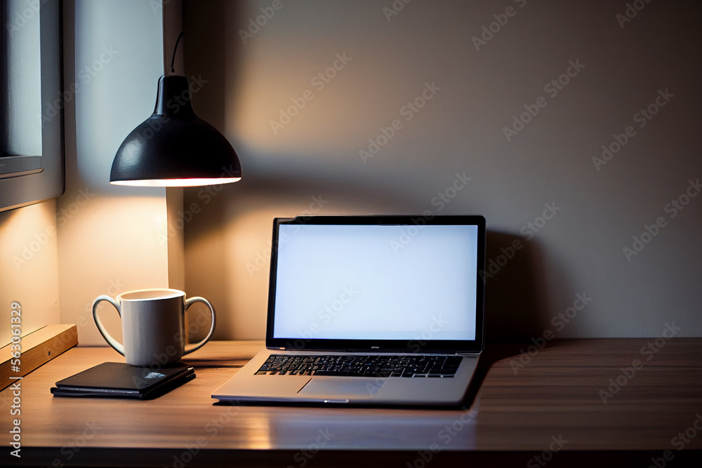 Home Office Büro: Laptop mit Platzhalter im Display, Kaffee, Schreibtischlampe - Generativ Ai Home Office Büro: Laptop mit Platzhalter im Display, Kaffee, Schreibtischlampe - Generativ Ai