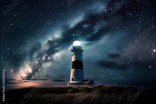 Lighthouse against the background of the starry sky. Generative AI
