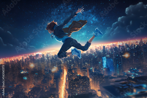Papier peint boy flying in the sky over the big city at night, digital art style, illustratio