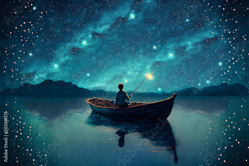 boy rowing a boat in the sea of the starry night, digital art style, illustration painting, Generative AI