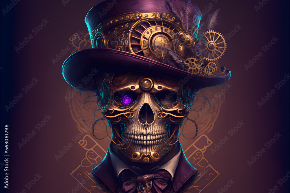 Steampunk skull face with digital art style, purple, Generative AI Steampunk skull face with digital art style, purple, Generative AI