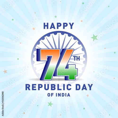 Celebrating Happy 74th Republic Day of India, concept, template, banner, logo design, icon, poster, unit, label, web header, symbol, mnemonic with blue rays celebration background. 26th January