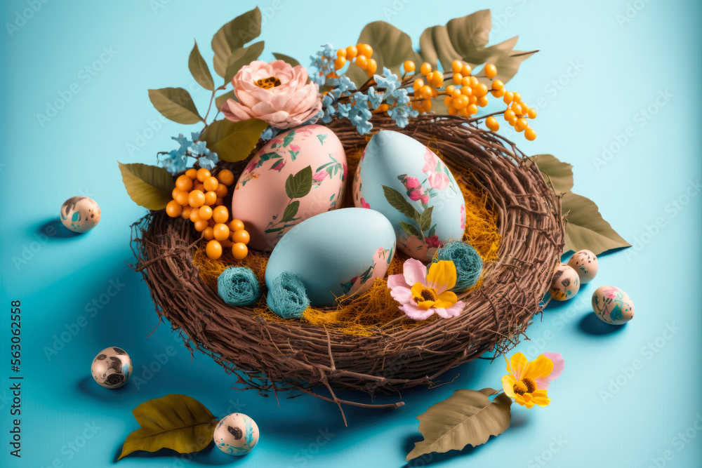 Fototapeta premium colorful easter nest with easter eggs, generative ai