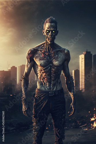 Zombie with rotten skin on front of burning city. Designed using generative ai. 