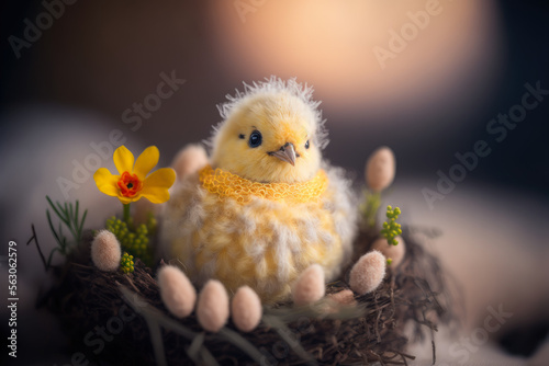 cute embroidered baby chciken in an easter nest, generative ai photo