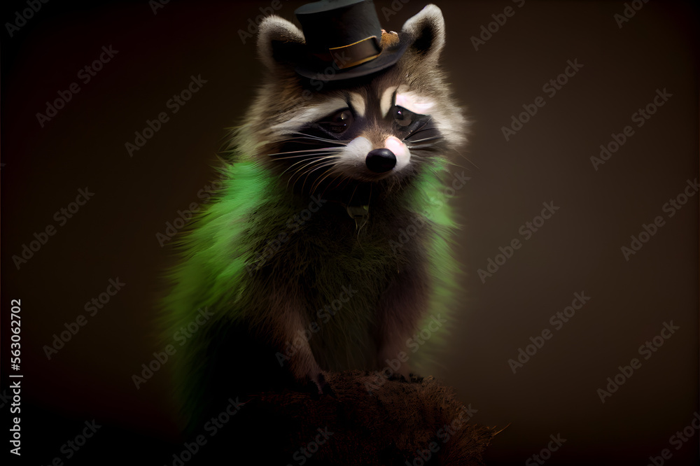 Obraz premium portrait of a raccoon as a leprechaun on st. patrick's day, generative ai