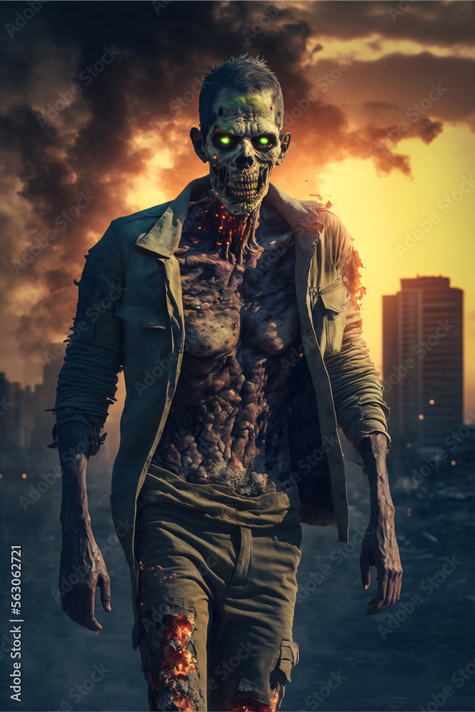 Zombie with rotten skin on front of burning city. Designed using generative ai. Zombie with rotten skin on front of burning city. Designed using generative ai.