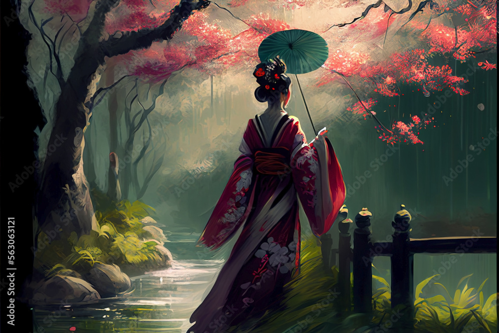 Fototapeta premium Geisha taking a walk in the cherry blossom forest. Ai Generated