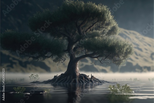 A lonly tree in the open area. Genarative AI © CREATIVE STOCK