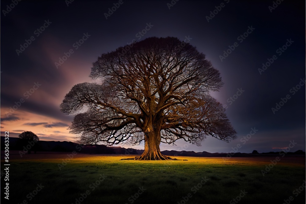 A lonly tree in the open area. Genarative AI A lonly tree in the open area. Genarative AI