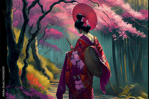 Geisha taking a walk in the cherry blossom forest. Ai Generated