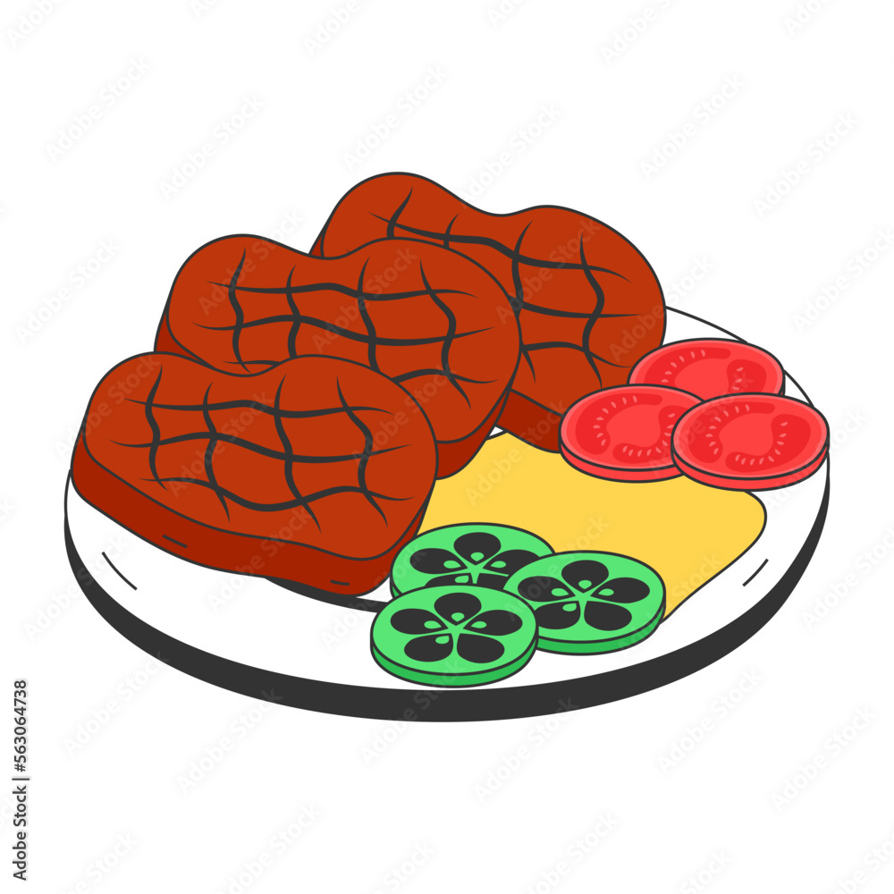 Ribeye meat pieces with vegetables vector icon design, Fast Food symbol, Junk food sign, popular inexpensive good taste snacks stock illustration, Round steak concept Ribeye meat pieces with vegetables vector icon design, Fast Food symbol, Junk food sign, popular inexpensive good taste snacks stock illustration, Round steak concept