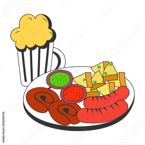 Oktoberfest Sausage Platter vector icon design, Fast Food symbol, Junk food sign, popular inexpensive good taste snacks stock illustration, Jumbo Hot Dog Curd Cheese Plate concept