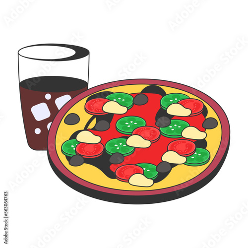 Italian staple Flatbread vector icon design, Fast Food symbol, Junk food sign, popular inexpensive good taste snacks stock illustration, traditional pizza with cola concept
