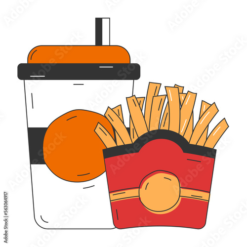 Fry Chips and Cold vector icon design, Fast Food symbol, Junk food sign, popular inexpensive good taste snacks stock illustration, French Fries and Drink concept photo