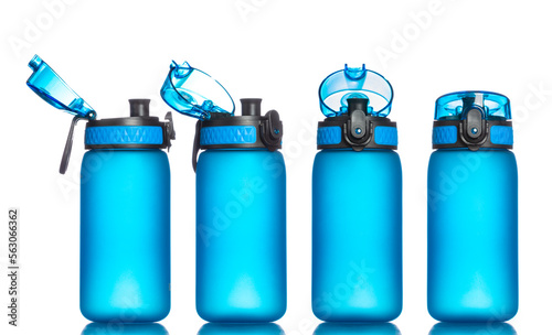 Portable blue water bottles isolated in white
