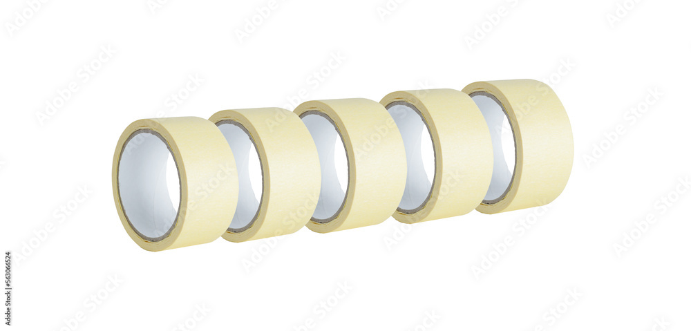 five tape rolls. Packing tape in a roll. Masking tape isolated on white background. five tape rolls. Packing tape in a roll. Masking tape isolated on white background.