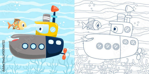 Vector illustration of cartoon funny submarine with fish undersea. Coloring book or page for kids